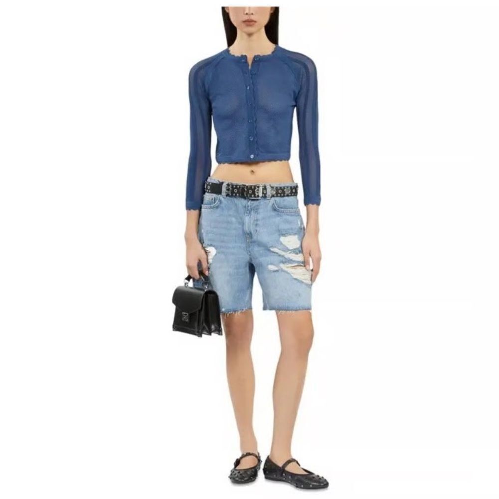 $245 NEW The Kooples Romantic Mixed Knit Mesh Cropped Cardigan in Blue